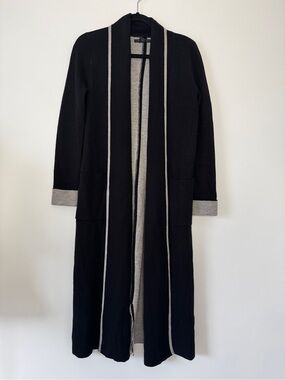 Tahari Cardigan Open Front Longline Duster Coatigan Black Gray Merino Wool Sz S